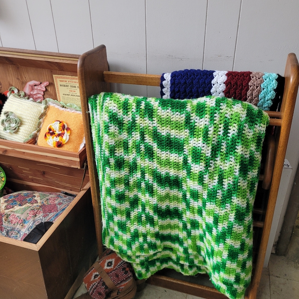 Green and White Crochet Afgan Blanket